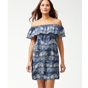 Tommy Bahama Off the Shoulder Chambray Dress Palm Tree Blue Pockets EUC size S